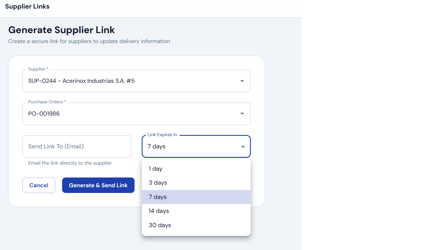 Supplier Links management page showing secure link generation