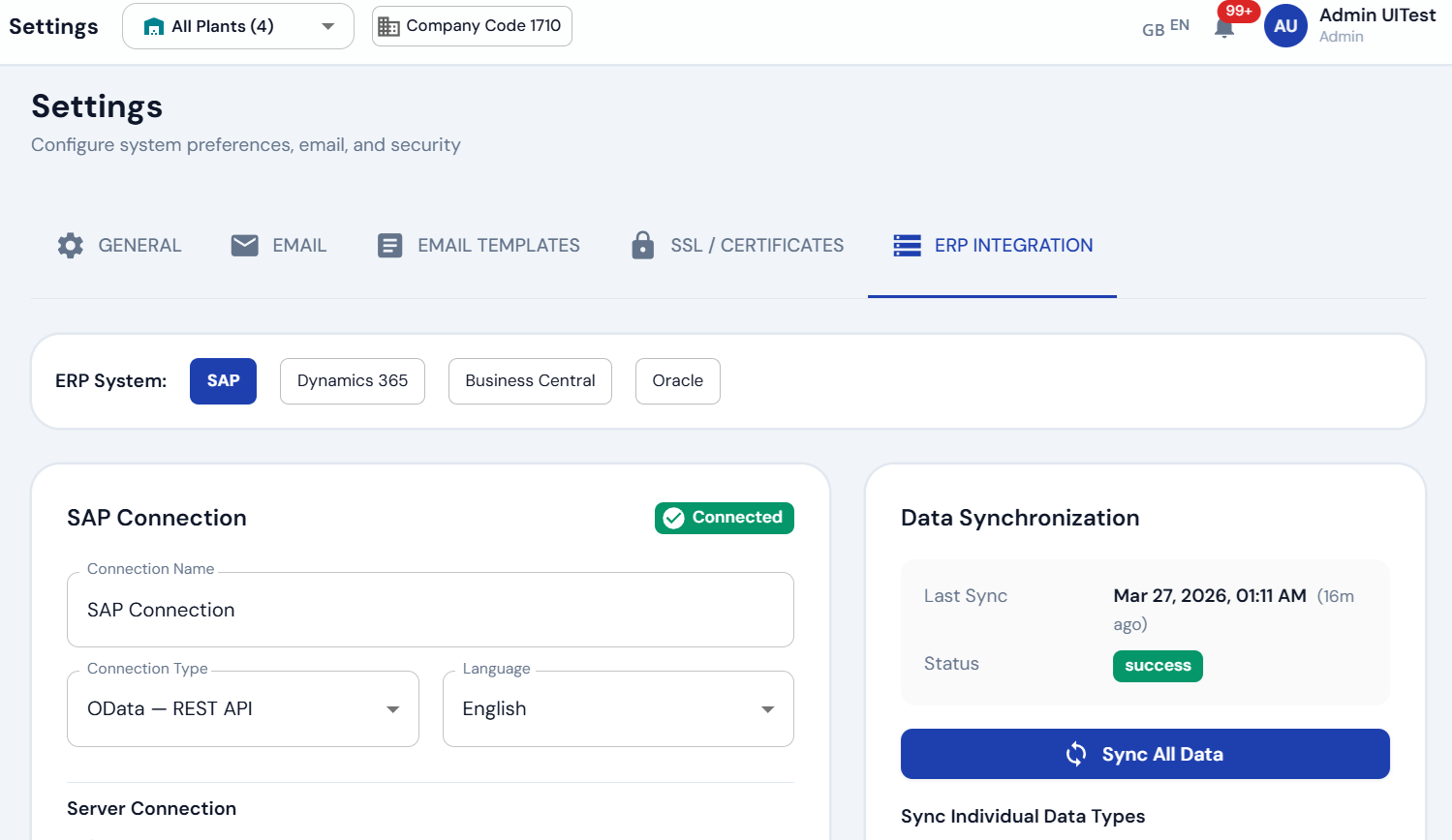 ERP Integration settings with SAP, Oracle, Dynamics 365 tabs